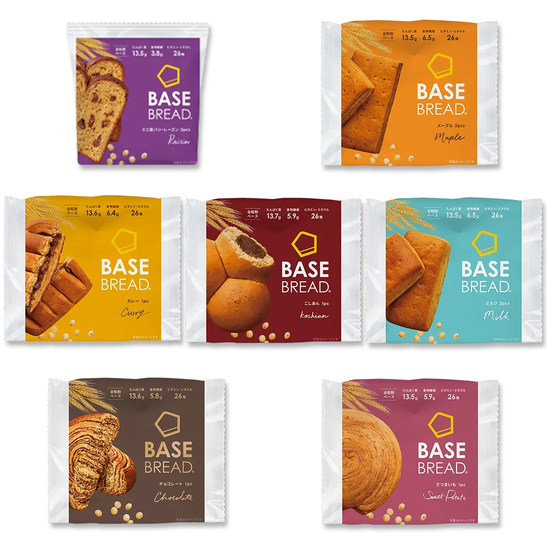 BASE BREAD 14袋セットの内容イメージ。7種類のパッケージと各2袋のセット内容がひと目で分かる画像。