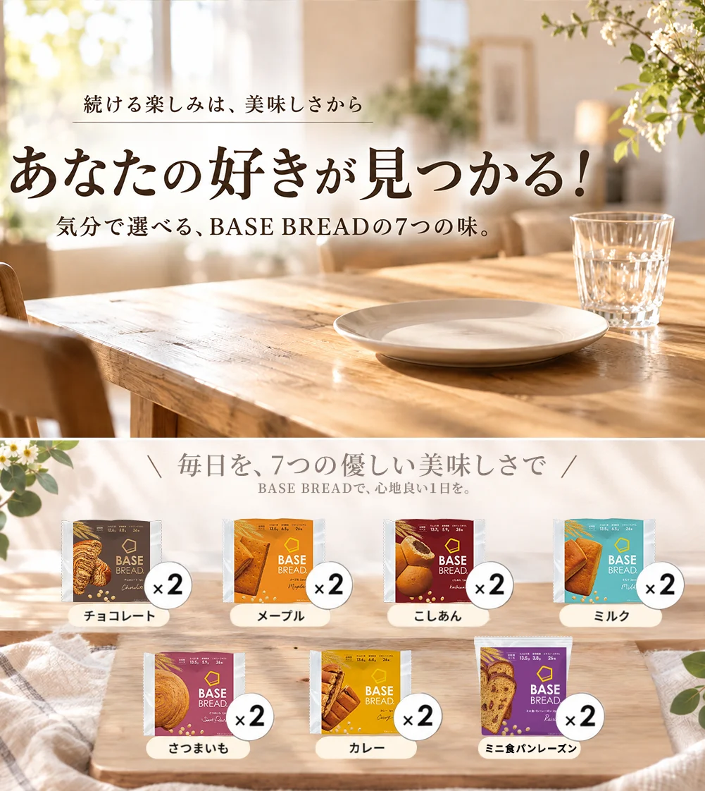 BASE BREAD 14袋セットの内容イメージ。7種類のパッケージと各2袋のセット内容がひと目で分かる画像。