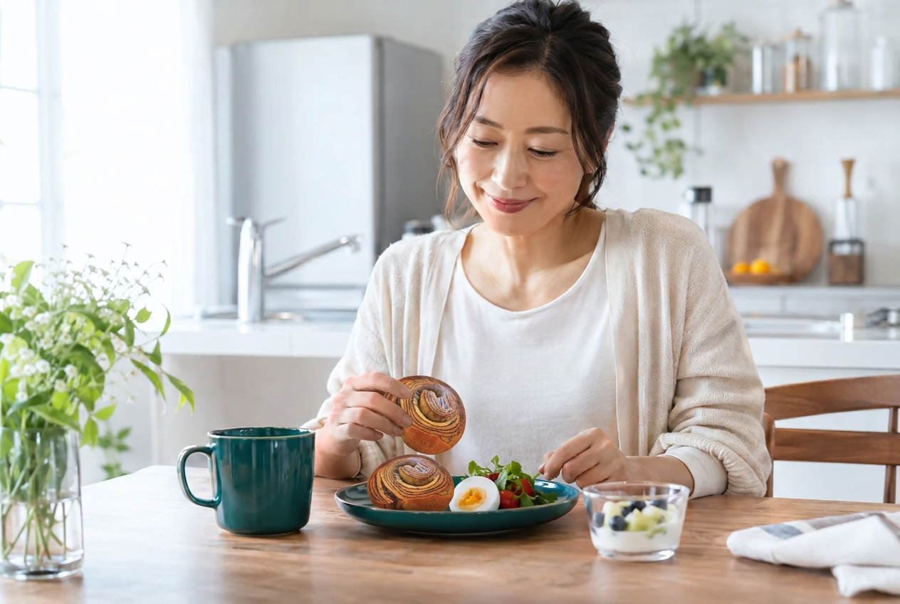 明るいキッチンの食卓でパンと朝食を楽しむ女性の生活イメージ