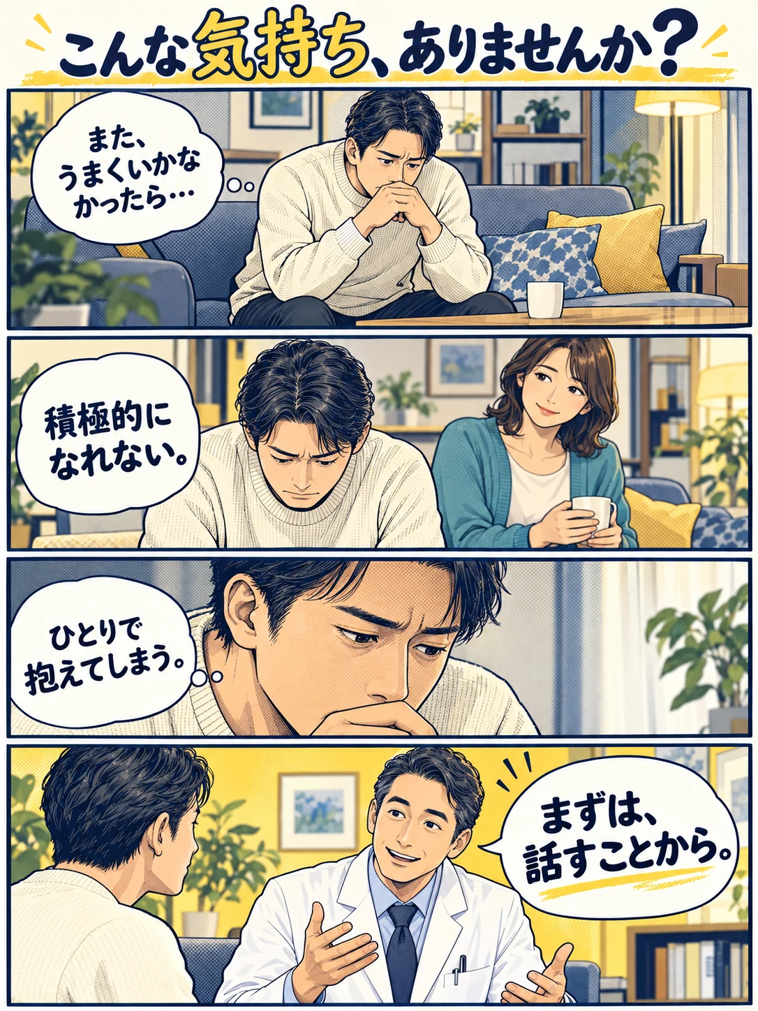 共感漫画。うまくいかなかったらと悩む男性。積極的になれず、ひとりで抱えてしまう。医師が「まずは、話すことから」と声をかける。