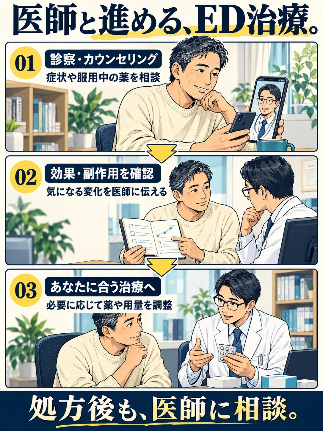 医師と進めるED治療。1 診察・カウンセリングで症状や服用中の薬を相談。2 効果・副作用を確認し変化を医師に伝える。3 必要に応じ薬や用量を調整。処方後もひとりで判断しない。