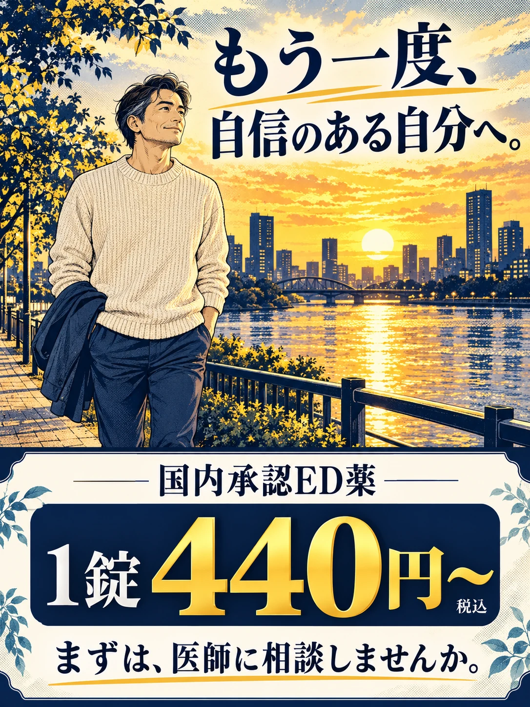 夕景を歩く前向きな男性。もう一度、自信のある自分へ。国内承認ED薬1錠440円〜、税込。まずは医師に相談しませんか。