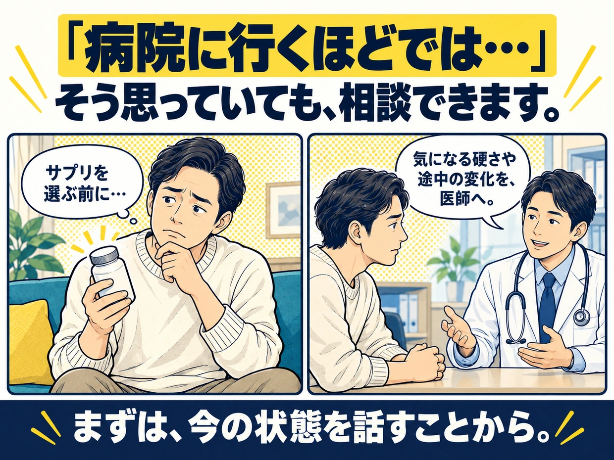 病院に行くほどでは、そう思っていても相談できます。サプリを選ぶ前に、気になる硬さや途中の変化を医師へ。まずは今の状態を話すことから。