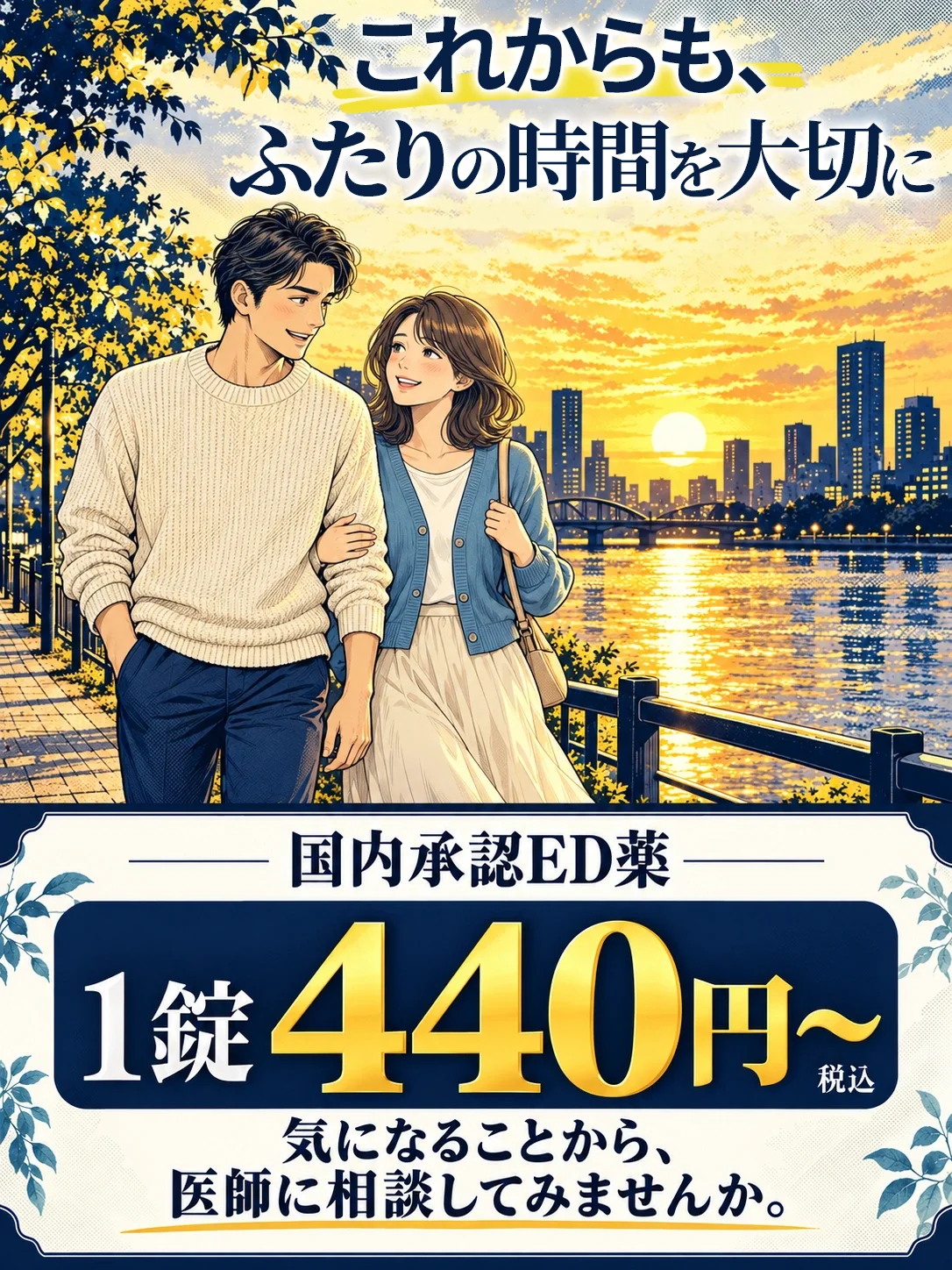 夕景の川沿いを並んで歩く夫婦。これからも、ふたりの時間を大切に。国内承認ED薬1錠440円〜、税込。気になることから、医師に相談してみませんか。