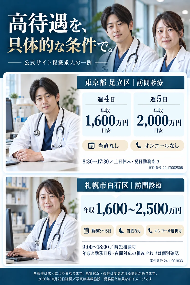公式サイト掲載求人の一例。東京都足立区、訪問診療。週4日は年収1,600万円目安、週5日は2,000万円目安。当直なし、オンコールなし。8:30から17:30。土日休み、祝日勤務あり。案件番号22-JT002806。札幌市白石区、訪問診療。年収1,600から2,500万円、勤務3から5日、当直なし、オンコール選択可。9:00から18:00、時短相談可。年収と勤務日数・夜間対応の組み合わせは個別確認。案件番号24-JI001833。各条件は求人により異なります。募集状況・条件は変更される場合があります。2026年10月20日確認。写真は掲載施設・勤務医とは異なるイメージです。
