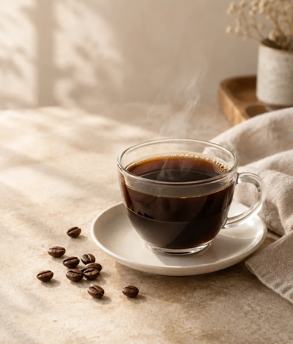 湯気の立つブラックコーヒーとコーヒー豆のイメージ